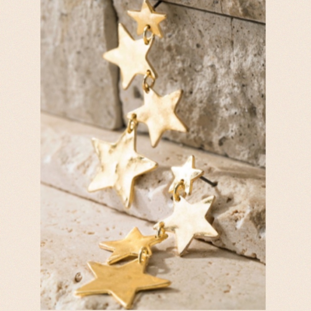 Bold Gold Tone Multi Layer Star Dangle Earrings